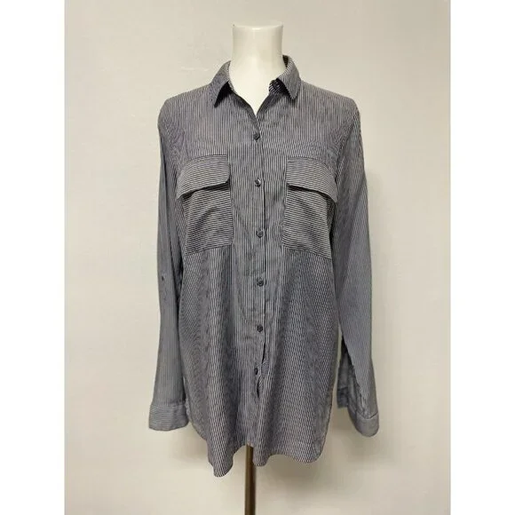 Express Womens Blouse Size Md Button Up Roll Tab Sleeve Grey/White Stripe - Picture 7 of 14